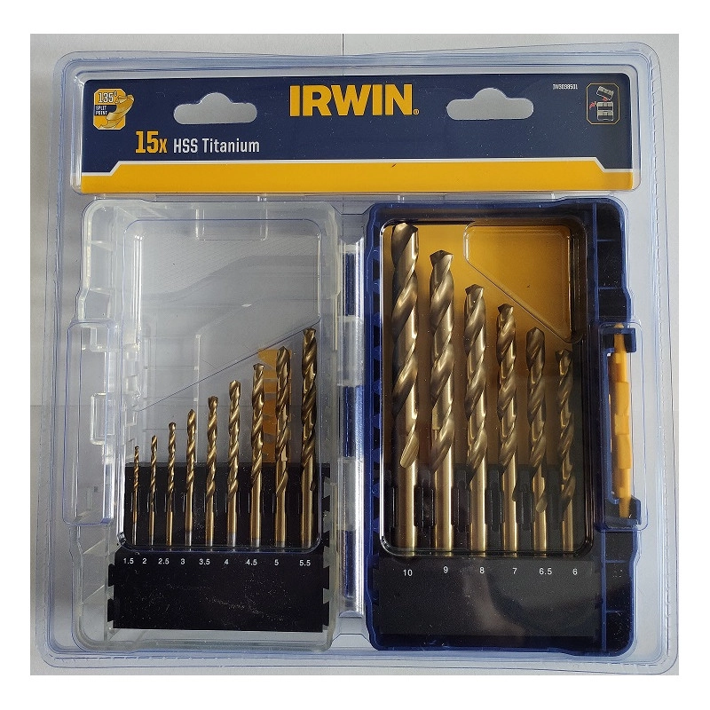 Набор свёрл HSS PRO TITANIUM 15шт. :1.5/2/2.5/3/3.5/4/4.5/5/5.5/6/6.5/7/8/9/10мм, IRWIN
