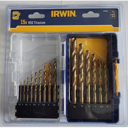Набор свёрл HSS PRO TITANIUM 15шт. :1.5/2/2.5/3/3.5/4/4.5/5/5.5/6/6.5/7/8/9/10мм, IRWIN