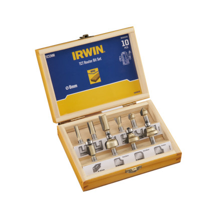 Фрезерный набор Irwin из 10 предметов для фрезеров с соединением 8 мм. В деревянном ящике.