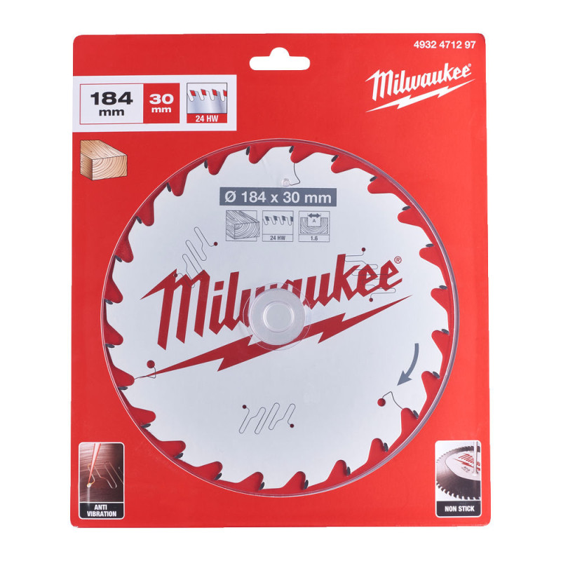 Диск пильный по дереву PFTE THIN KERF MILWAUKEE, Ø184х30х1,6мм, 24 зуб.