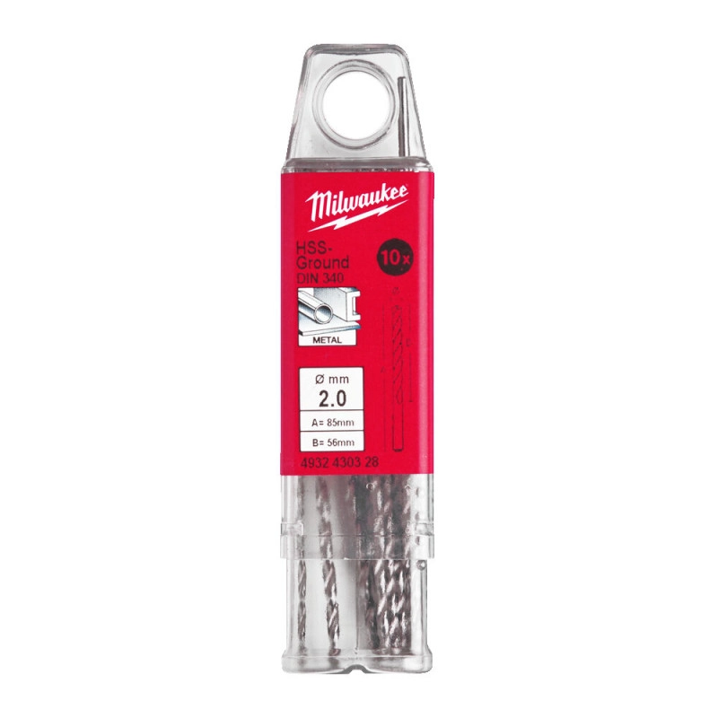 Сверло по металлу HSS-G MILWAUKEE, DIN340, Ø2,0x85х56мм, удлиненное, (10шт)