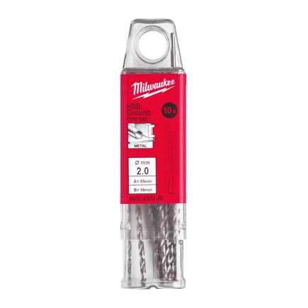 Сверло по металлу HSS-G MILWAUKEE, DIN340, Ø2,0x85х56мм, удлиненное, (10шт)