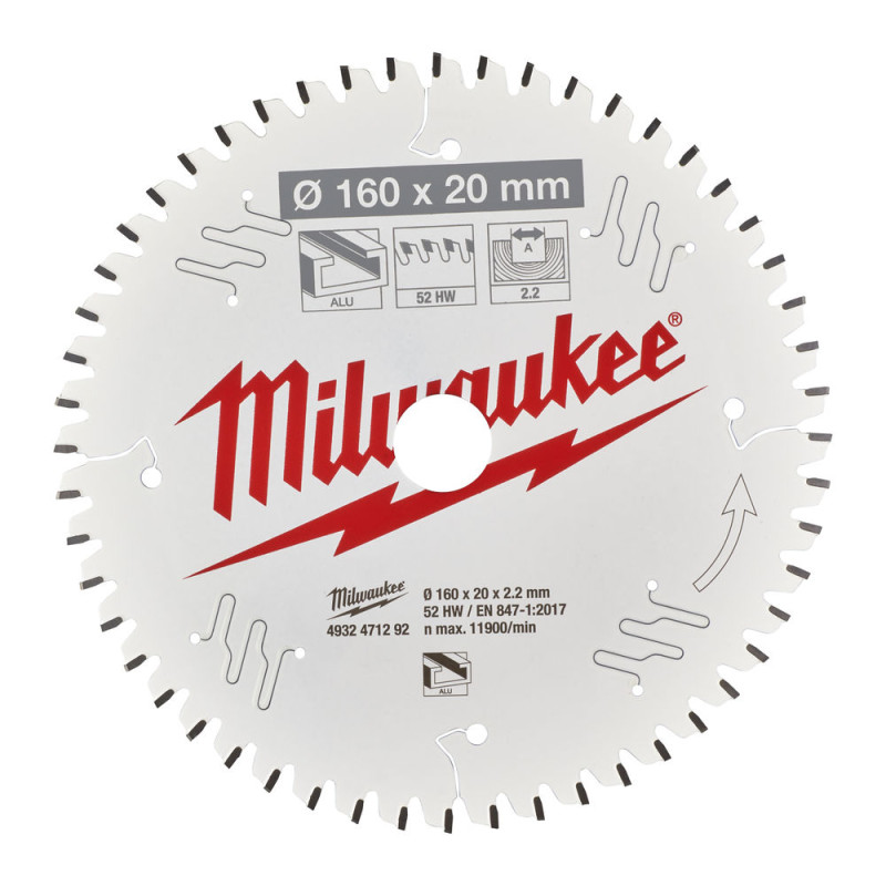 Пильный диск для циркулярной пилы по алюминию 160x20x2,2x52 трапецевидный зуб/плоский зуб MILWAUKEE