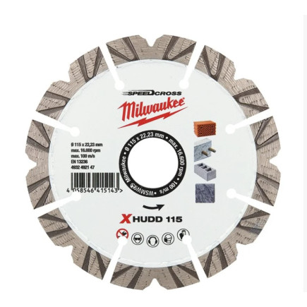 Алмазный диск SPEEDCROSS XHUDD 115 мм для твердого бетона, бетонных блоков и керамогранит MILWAUKEE