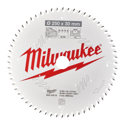 Пильный диск для торцовочной пилы по дереву 250x30x2,8x60 скошенные зубья MILWAUKEE