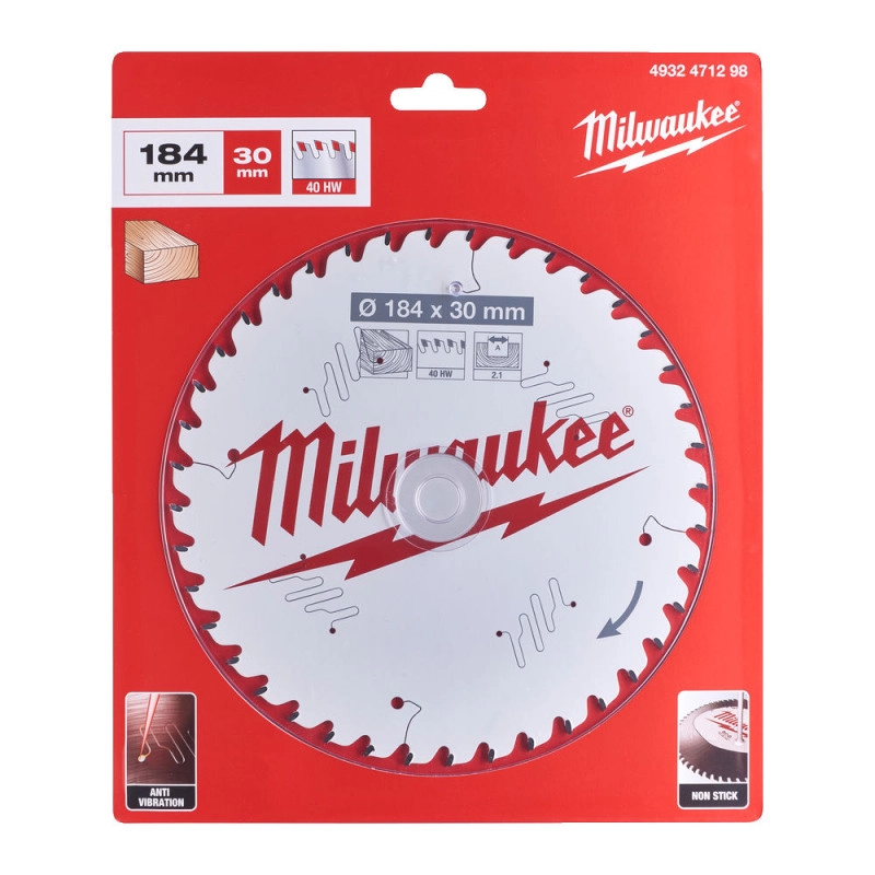 Диск пильный по дереву PFTE THIN KERF MILWAUKEE, Ø184х30х2,1мм, 40 зуб.
