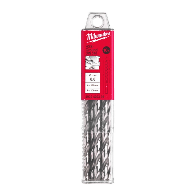 Сверло по металлу HSS-G MILWAUKEE, DIN340, Ø8,0х165х109мм, удлиненное, (10шт)