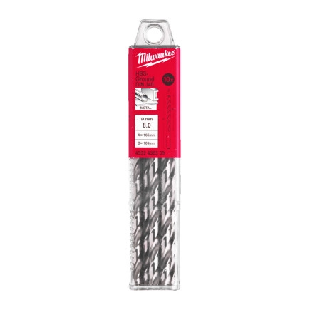 Сверло по металлу HSS-G MILWAUKEE, DIN340, Ø8,0х165х109мм, удлиненное, (10шт)