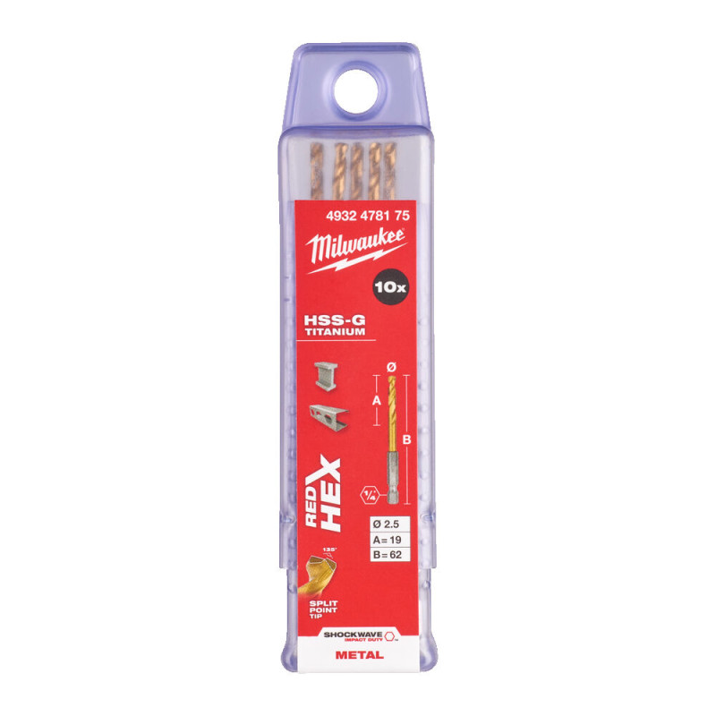 Сверло по металлу Milwaukee RedHEX HSS-G TiN. 2.5мм (10 шт)