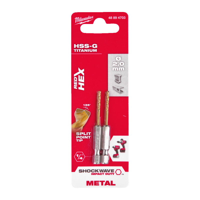 Сверло по металлу RedHEX SHOCKWAVE™ HSS-TiN MILWAUKEE, Ø2,0х59,5х17мм, (2шт)