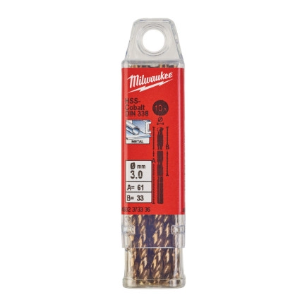 Сверло по металлу HSS-Co MILWAUKEE, DIN338, Ø3,0х61х33мм, (10шт)
