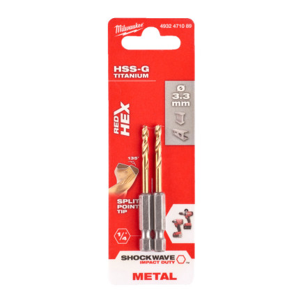 Сверло по металлу RedHEX SHOCKWAVE™ HSS-TiN MILWAUKEE, Ø3,3х67х24мм, (2шт)