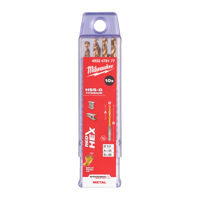 Сверло по металлу RedHEX SHOCKWAVE™ HSS-TiN MILWAUKEE, Ø3,5х69х25мм, (10шт)