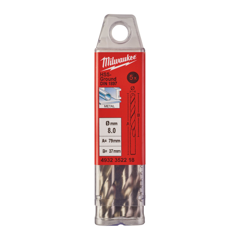 Сверло по металлу HSS-G MILWAUKEE DIN1897, Ø8,0х79х37мм, короткое, (5шт)