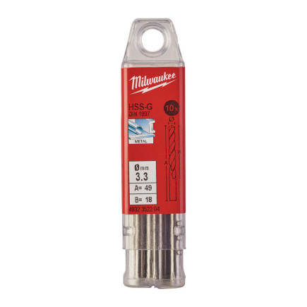 Сверло по металлу HSS-G MILWAUKEE DIN1897, Ø3,3х49х18мм, короткое, (10шт)