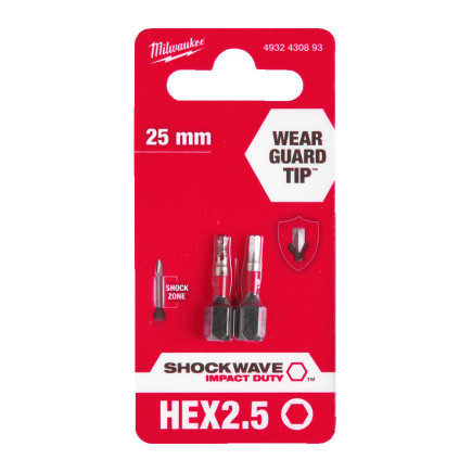 Бита SHOCKWAVE MILWAUKEE, Hex2,5, 25мм, (2шт)