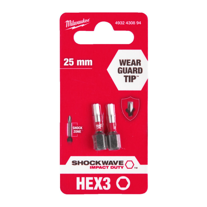 Бита SHOCKWAVE MILWAUKEE, Hex3,0, 25мм, (2шт)