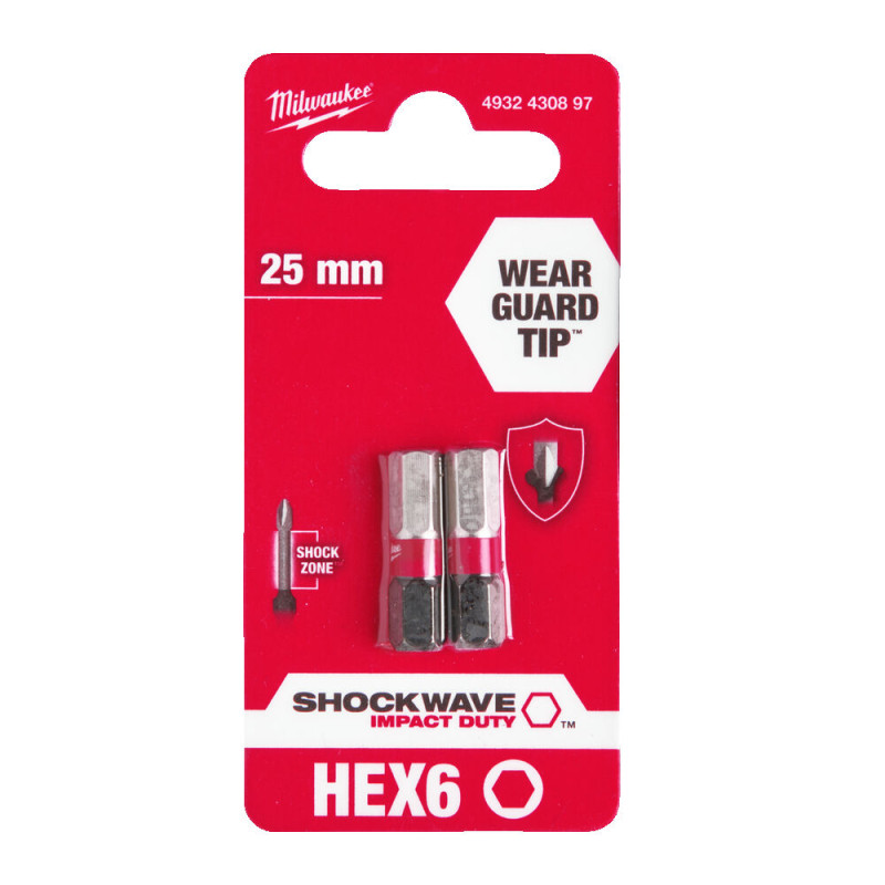 Бита SHOCKWAVE MILWAUKEE, Hex6,0, 25мм, (2шт)