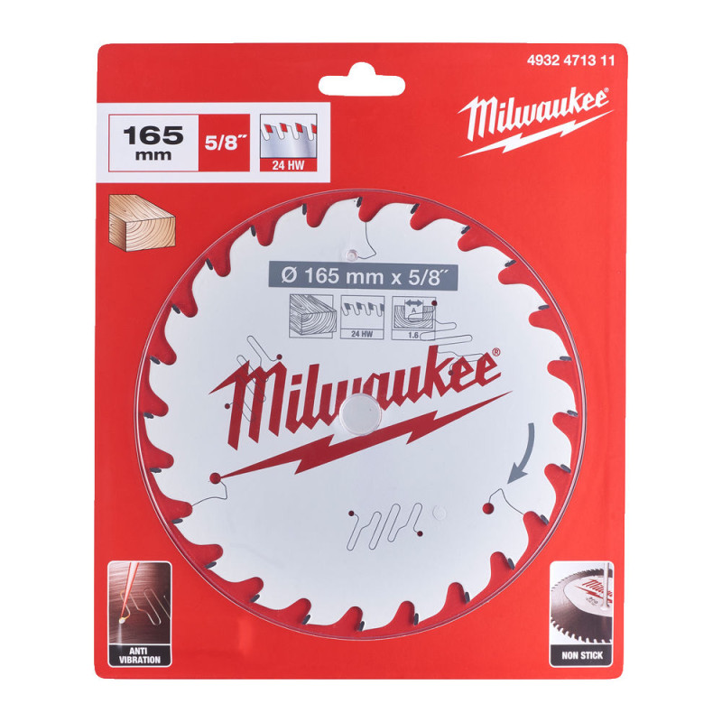 Диск пильный по дереву PFTE THIN KERF MILWAUKEE, Ø165х5/8''х1,6мм, 24 зуб.