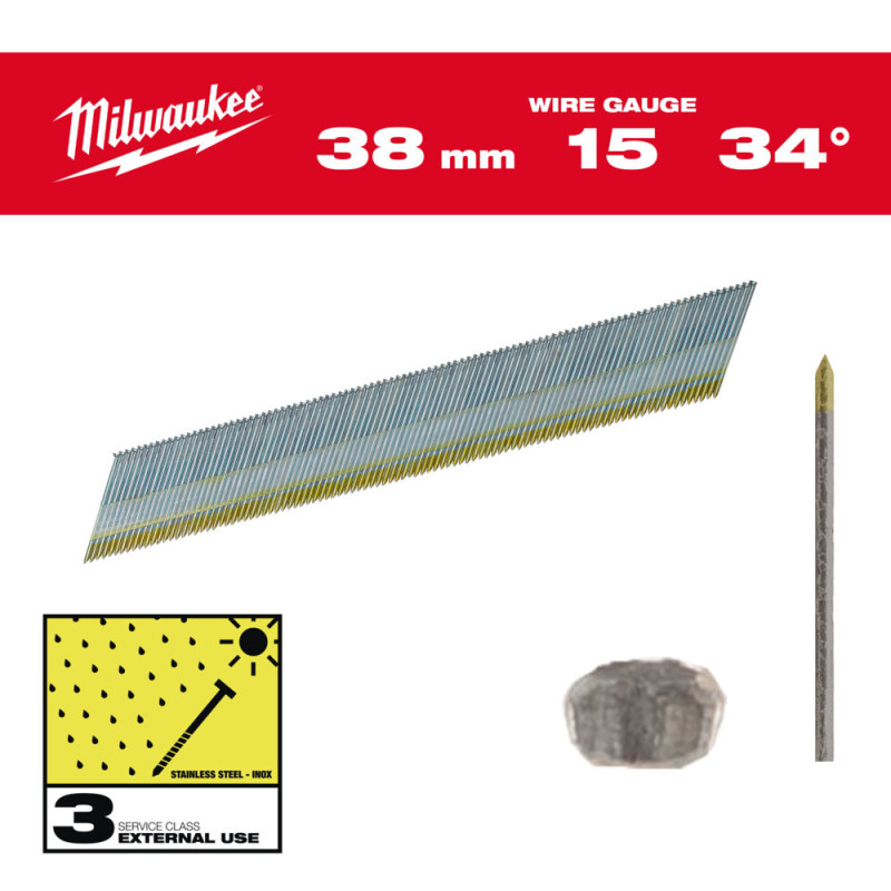Набор гвоздей нержавейка с D- образной шляпкой для нейлера MILWAUKEE, 15G/34°/38мм, (2500шт)