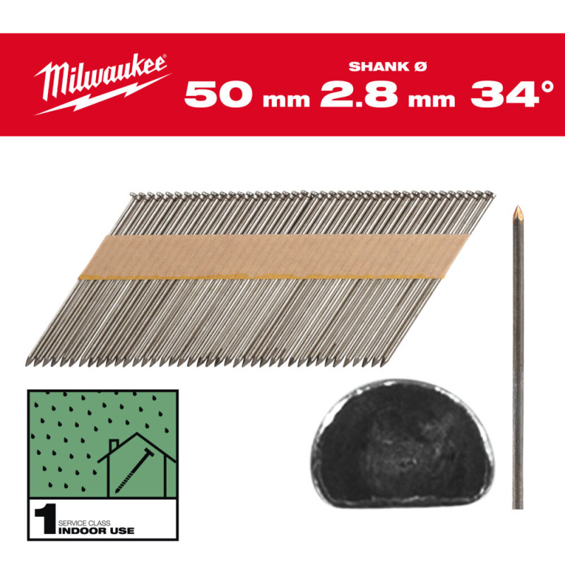 Гвозди оцинкованные с полукруглой головкой MILWAUKEE 2,8/34°/50мм (2200шт)