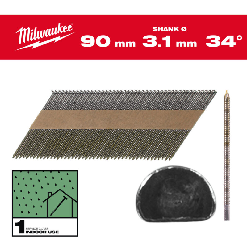 Гвозди с кольцевой накаткой и D-образной головкой MILWAUKEE 3,1/34°/90мм (2200 шт)
