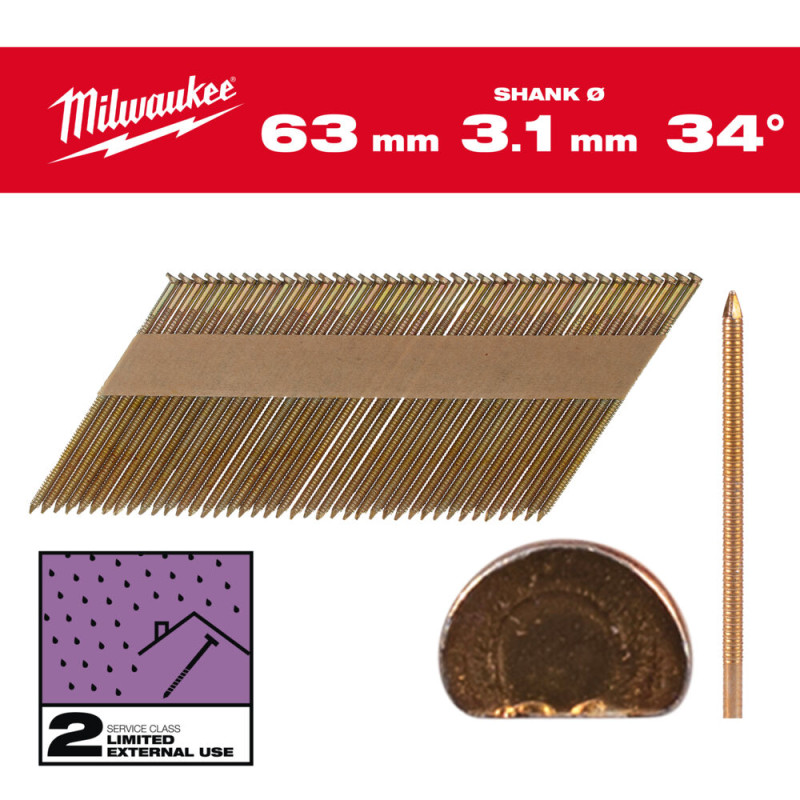 Гвозди оцинкованные с кольцевой накаткой и D-образной головкой MILWAUKEE 3,1/34°/63мм (2200 шт)