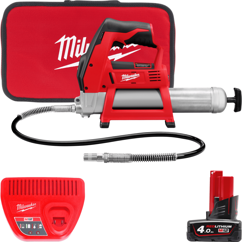 Шприц для смазки аккумуляторный MILWAUKEE, M12 GG-401B (ЗУ, 1х4Ач, сумка)